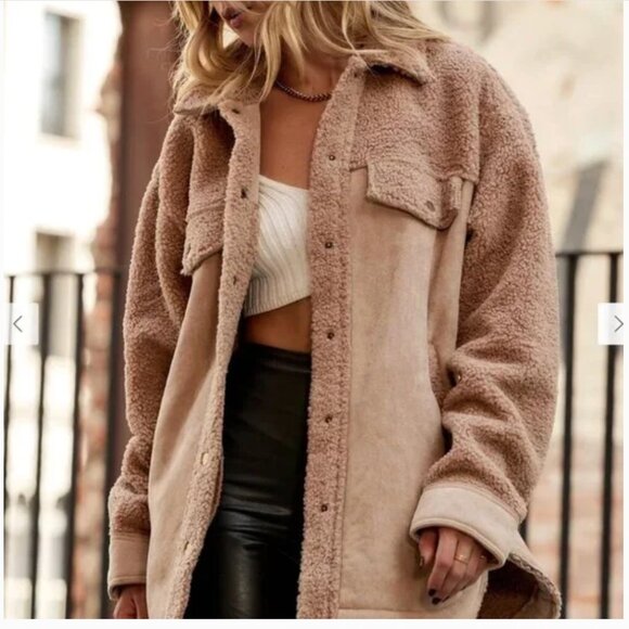 12th Tribe Bobbi Tan Suede Sherpa Jacket - Size L - Picture 10 of 11